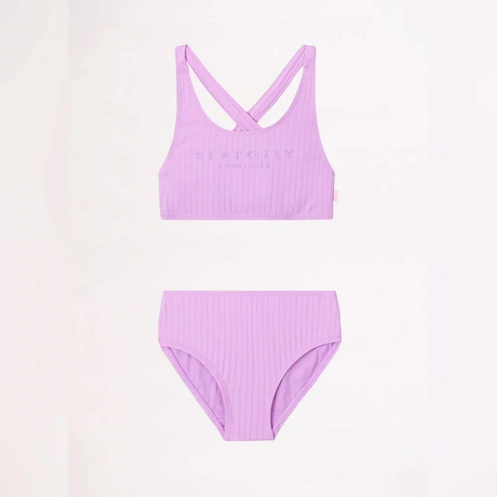 NWT Seafolly Australia Girls Summer Essential Tie Back Bikini in Violet size 14